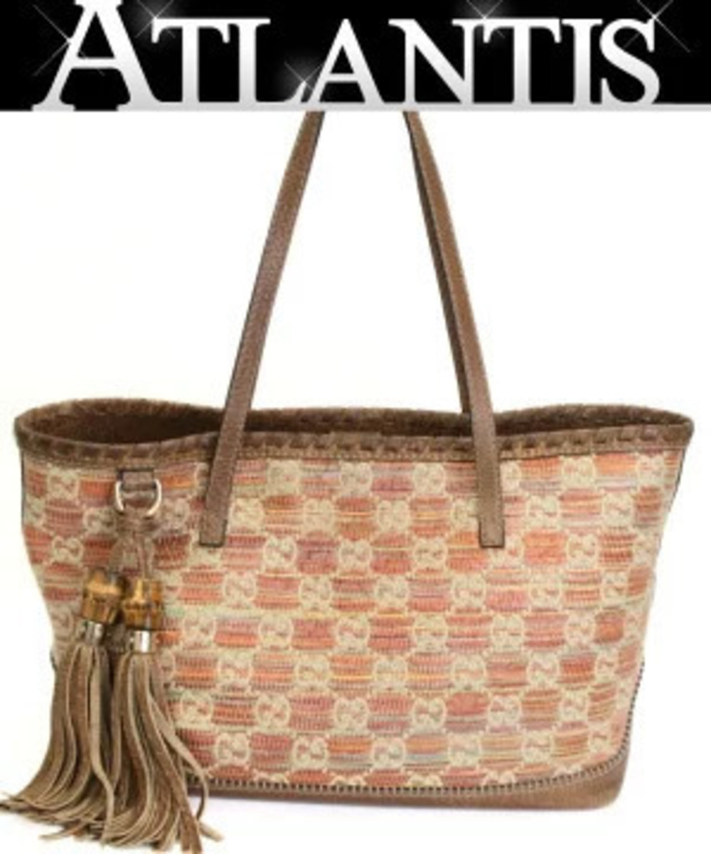 Gucci Bamboo Fringe Tote Bag Straw Tan x Leather